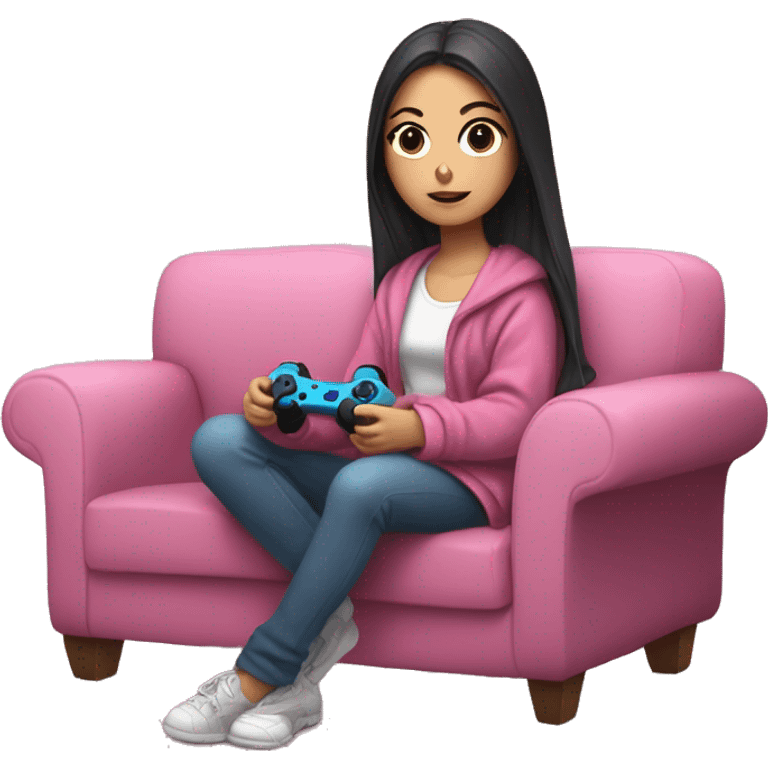 White girl with dark hair wrapped up in a blanket sitting on a couch with a pink gaming controller in her hands emoji