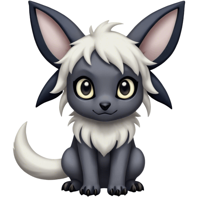 Absol-Umbreon, long thick black ears, no Scapha, black long tail, black eyes, white fur, black claws, cute big eyes, adorable emoji