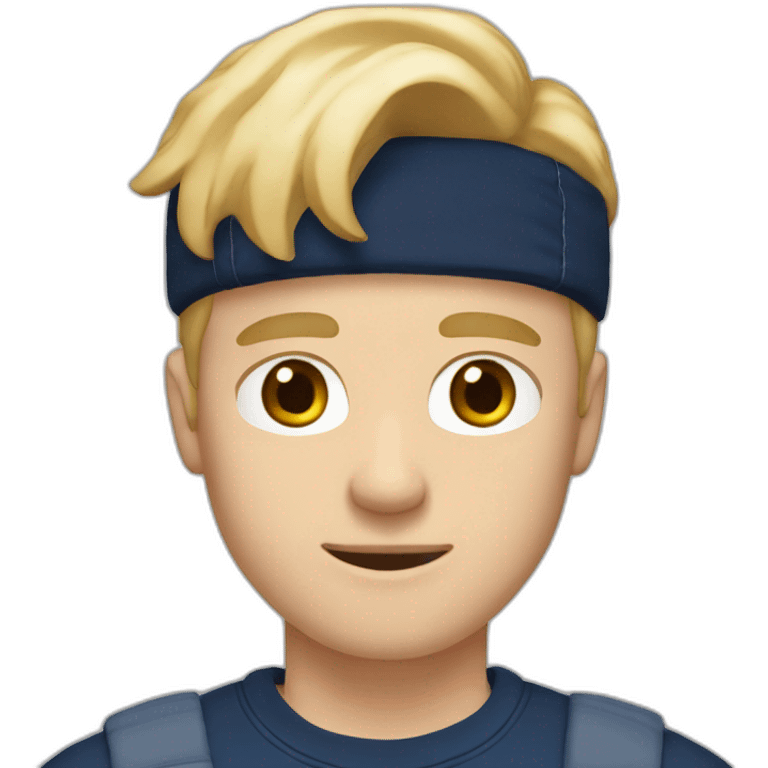 26 year old white British male with blonde hair wearing a navy blue t-shirt, blue jeans and white sneakers emoji