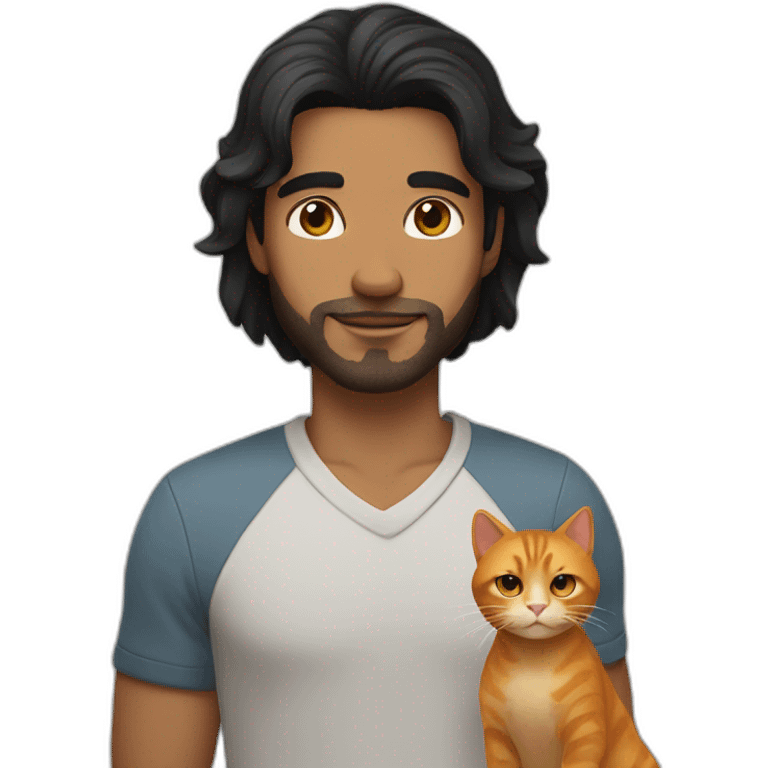 man with shoulder length black hair holding a ginger cat emoji