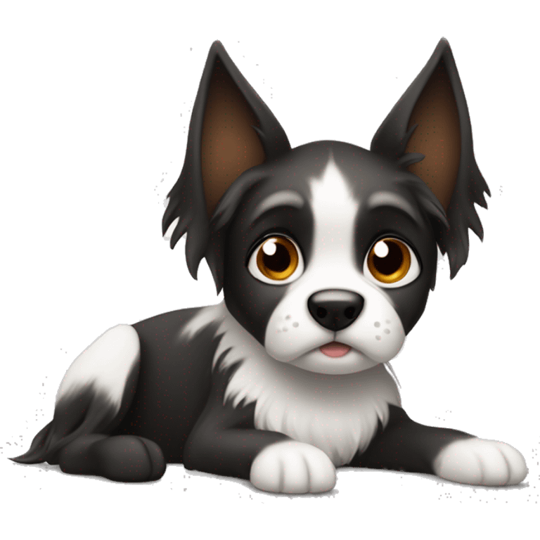 Black and white dog with Brown eyes and long fur, pointy ears laying on his paws and gazing into viewer emoji