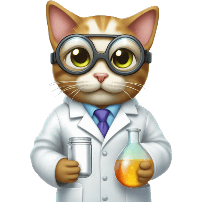 Cat wearing chemistry lab coat goggles and has flask with chemicals. show whole body emoji