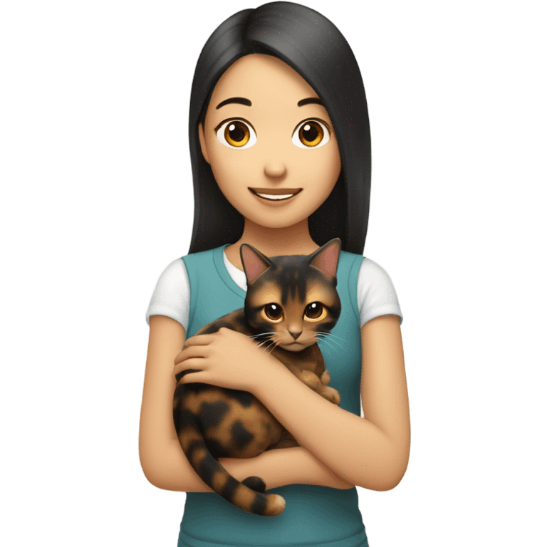 Asian girl holding tortoiseshell cat emoji