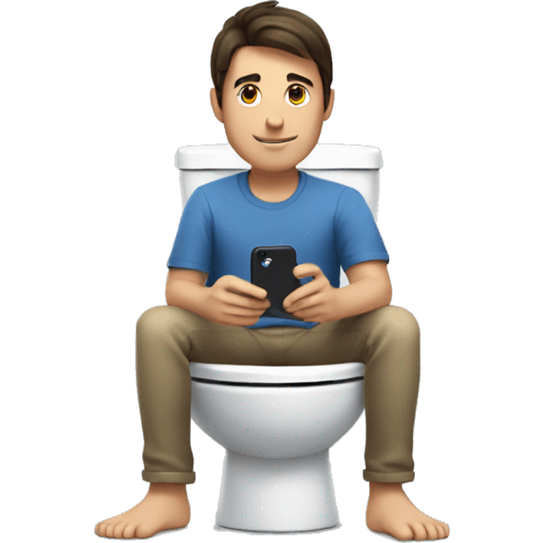 Brunette man sitting on the toilet holding an iPhone with a Pokémon next to him emoji