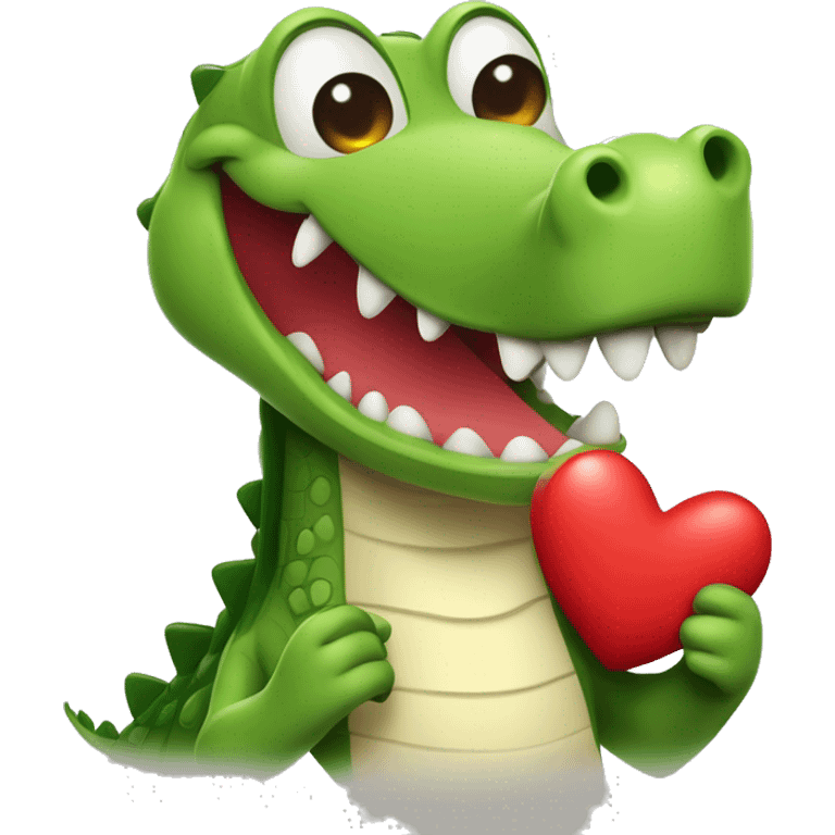 Cute cartoon crocodile holding a red heart, blushing and smiling warmly, simple and charming design  emoji