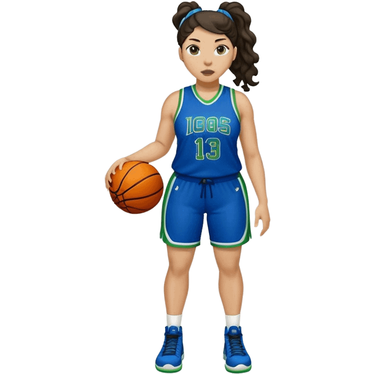 full body plus size light skin latino women basketball player with wavy dark hair in pony tail wide nose wearing blue uniform with green accent emoji