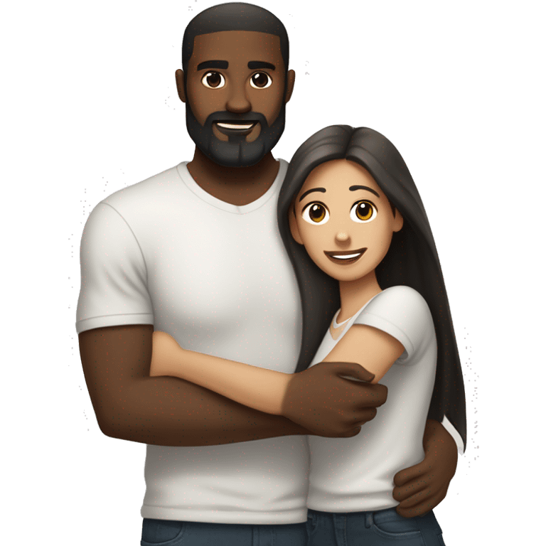 light skin woman with very long straight brown hair hugging black man with very short dark hair and a long dark beard wearing a white tshirt emoji