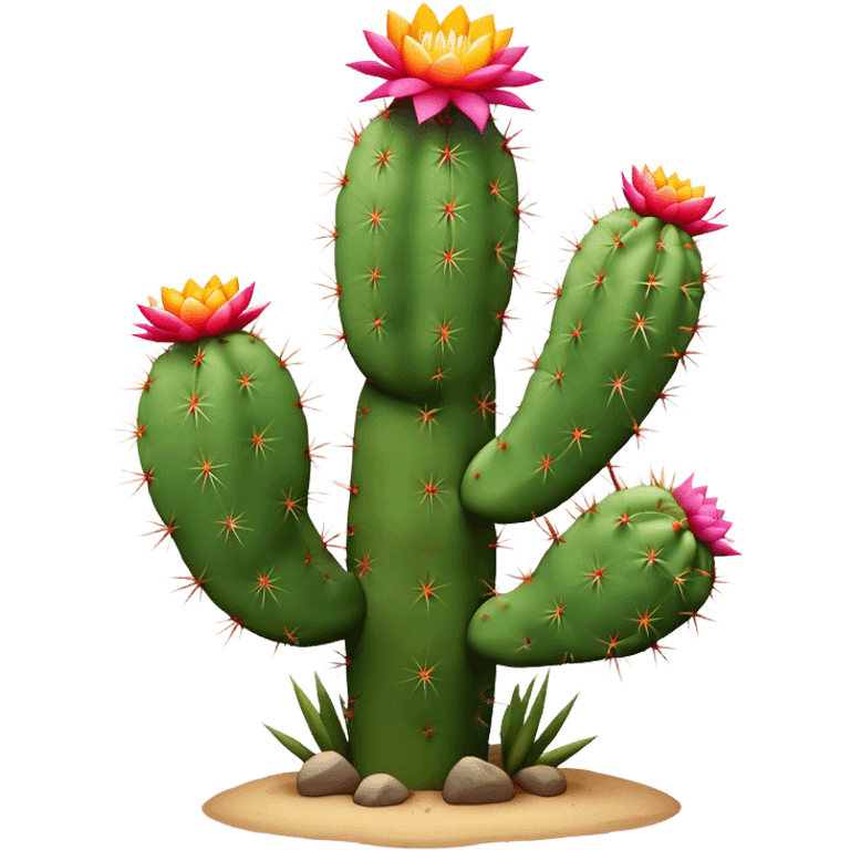 Cinematic Realistic Cactus Emoji, Tall and spiny, with thick, rounded stems covered in sharp spines. Bright flowers bloom at the tips of some branches, adding a pop of color against the desert backdrop. Soft glowing outline, capturing the essence of strength, survival, and desert beauty in a striking cactus! emoji