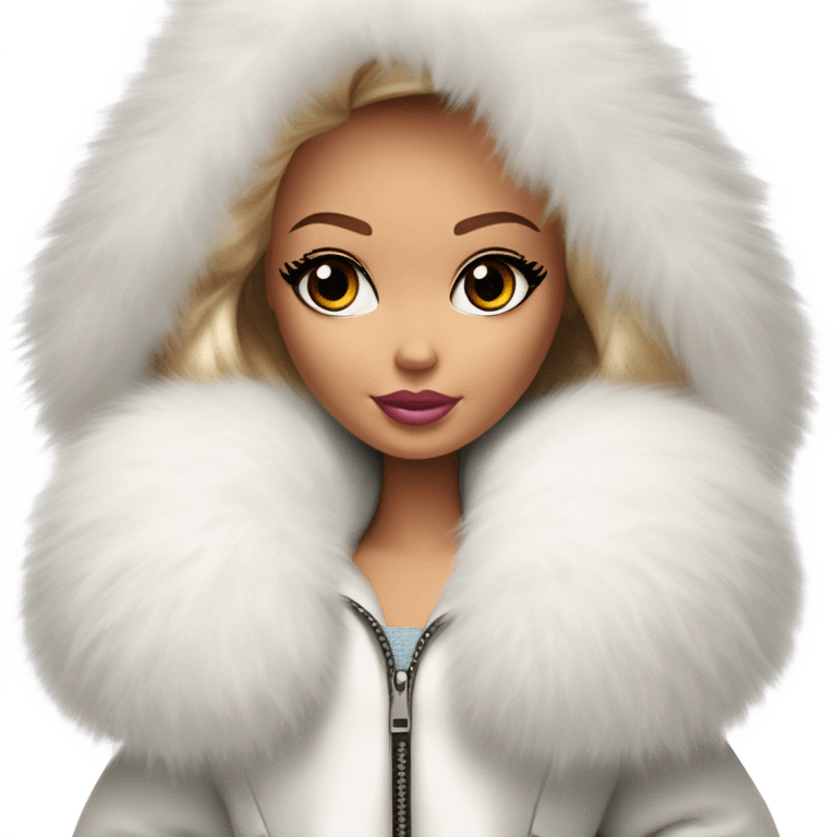 Barbie looking emoji  in an extremely big fluffy oversized white fur coat with hood on. The fur is real and it’s very obvious big and fluffy like in Pinterest  emoji