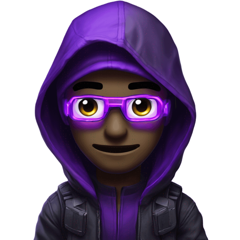 developer behind his laptop with this style : crysis Cyberpunk Valorant neon glowing bright purple character purple violet black hooded assassin themed character emoji