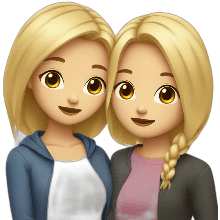 Two girls friends one with blonde short hair, second asian with long hair hugging each other emoji