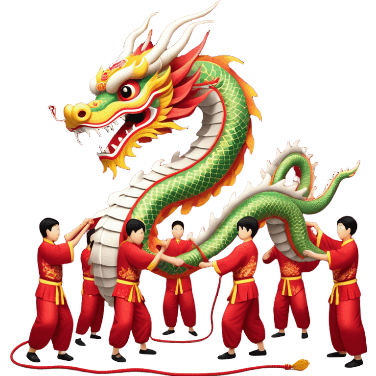 Cinematic Realistic scene of a traditional Chinese Dragon Dance featuring a team of performers skillfully manipulating a colossal, flexible dragon puppet, its intricately detailed, vibrant scales and flowing, embroidered fabric catching the light, set against a festive backdrop of red lanterns and dynamic red-tinged lighting that accentuates the majestic presence of the dragon puppet. emoji