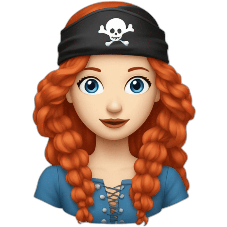 Woman long red hair in a platt.pirate hat. One side of head has no hair. Blue eyes. skull and crossbones t shirt emoji