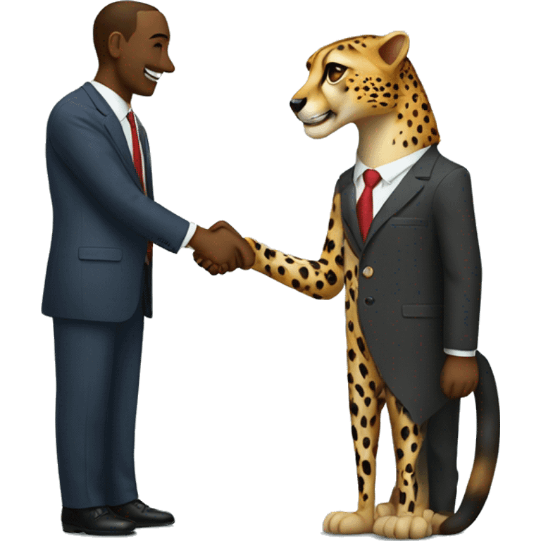 A cheetah in a classic suit shakes hands with a man  emoji