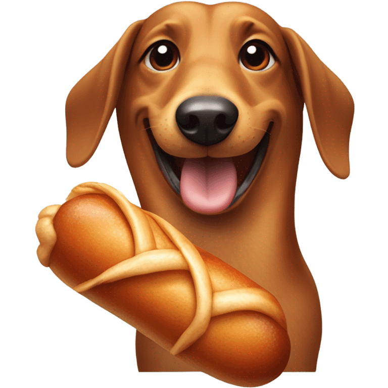 Wiener dog holding a chicken drumstick while smiling emoji