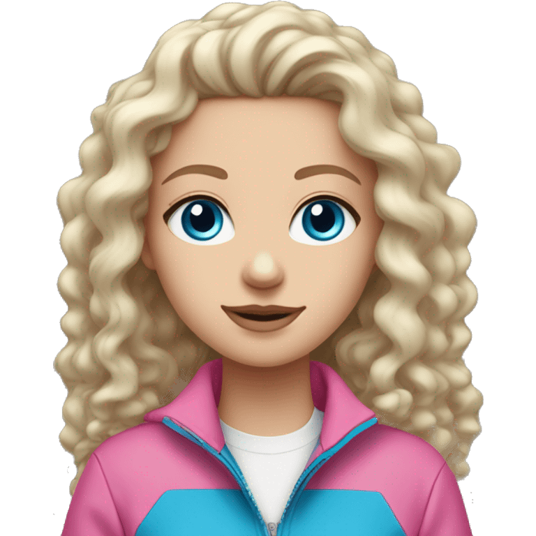 white girl with blue eyes and long curly hair with pink Quarter zip up jacket emoji