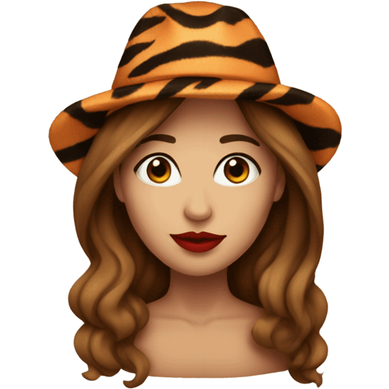 woman with brown long hair and tiger hat, red lips emoji