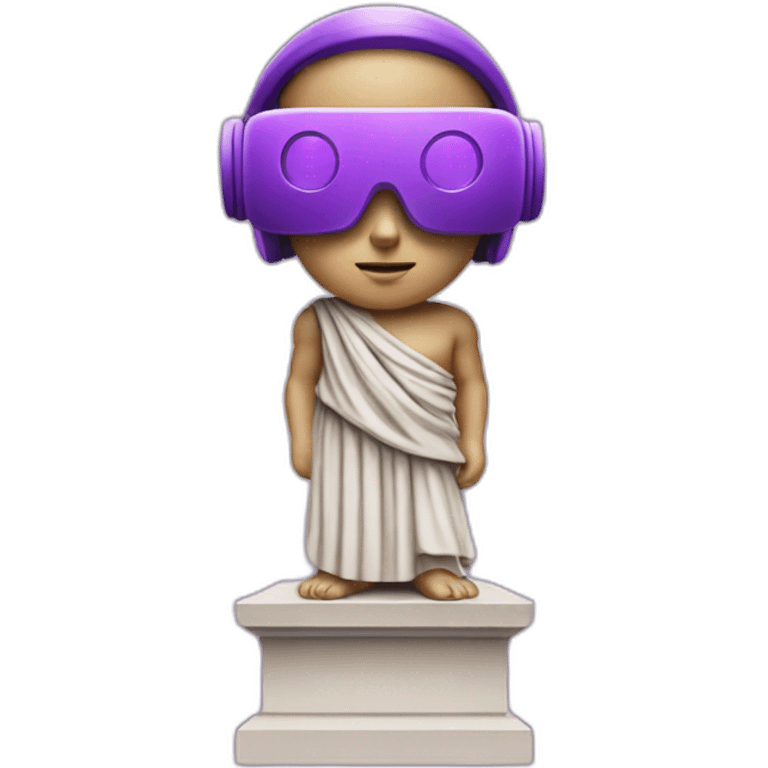 an EMOJI OF A ancient young greek statue, wearing VR headset, purple colors, DIGITAL UNIVERSE emoji