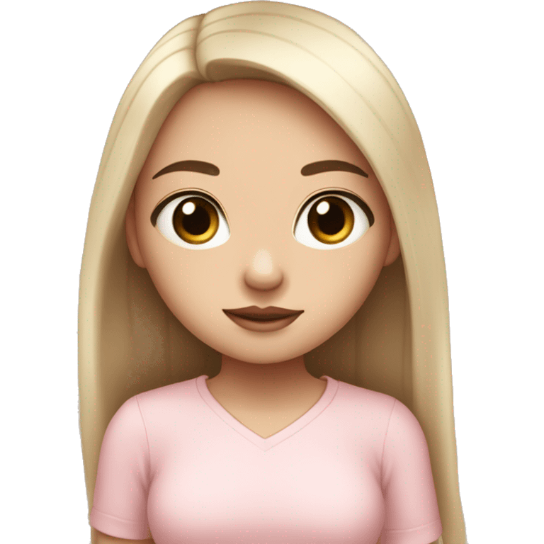 Very cute girl , with white skin color  , black long hair , beautiful big eyes , and light pink shirt emoji