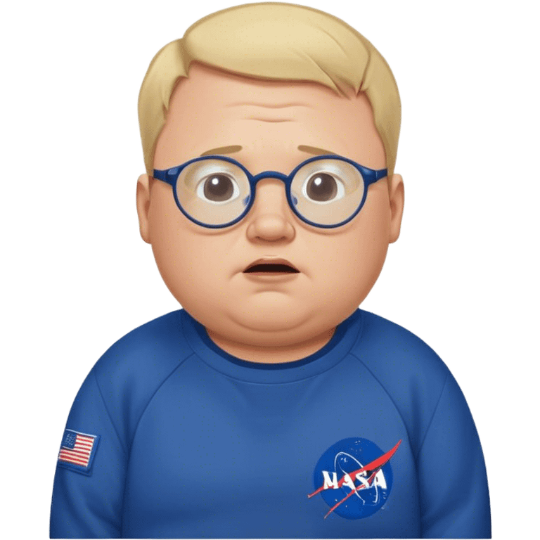 crying chubby man, with blond short receding hairline, wears a dark blue nasa sweatshirt, nasa logo on the breast, round glasses, 40 years old emoji