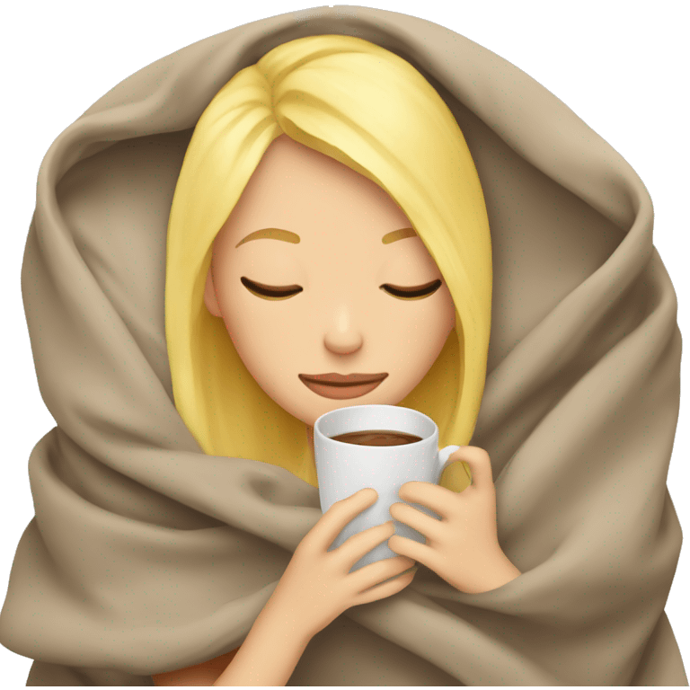 Blonde girl inside a blanket sipping coffee eyes closed emoji