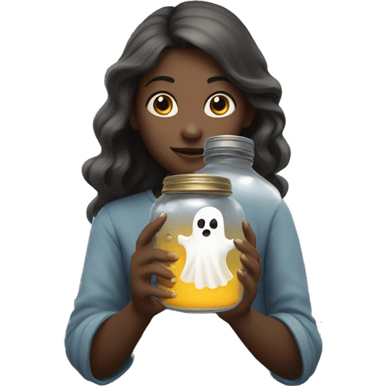 A girl holds a jar with a ghost in her hands emoji