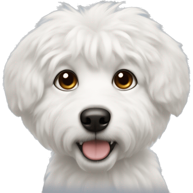 Fluffy white dog with black nose, brown spot on right eye and black left ear emoji