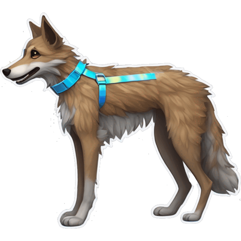  brindle fluffy lurcher fox running blue eyes fluffy ears and iridescent holographic oilslick harness wearing paper flower crown yellow caution tape neon sign emoji