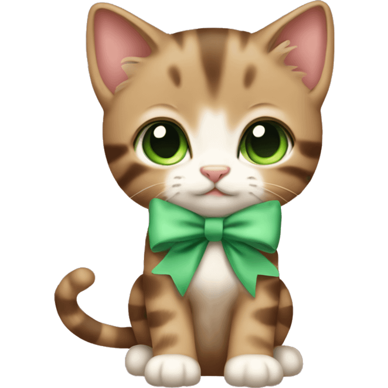 extremely cute kawaii brown tabby kitten with green eyes and pastel green bow full body emoji