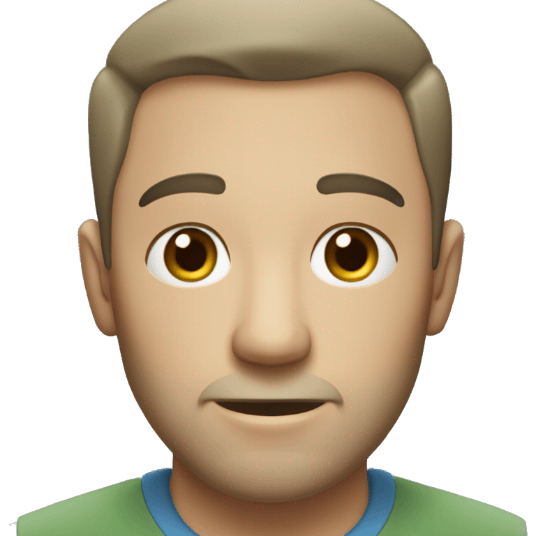 man with very short beard and very short hair that is a little bit grey (with a little black). greyish green shirt and blue eyes. emoji