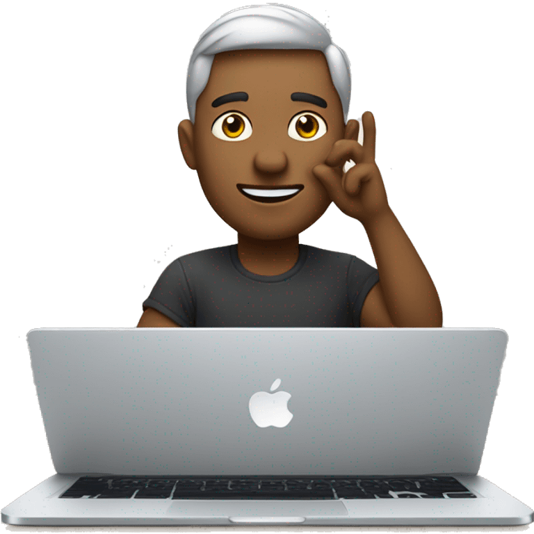 Developer looking at the camera and waving while sitting in front of the apple laptop. emoji