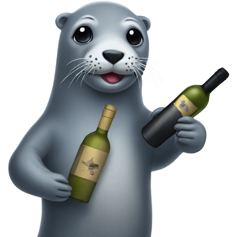 Grey seal holding a bottle of wine emoji