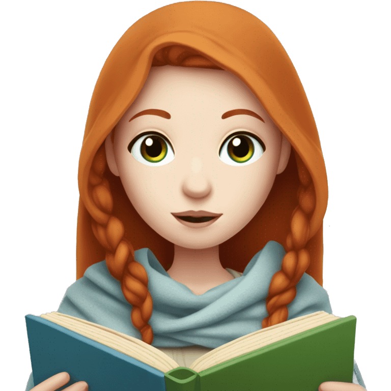 Redhead girl with pale skin and blue eyes covered in a blanket reading a book emoji