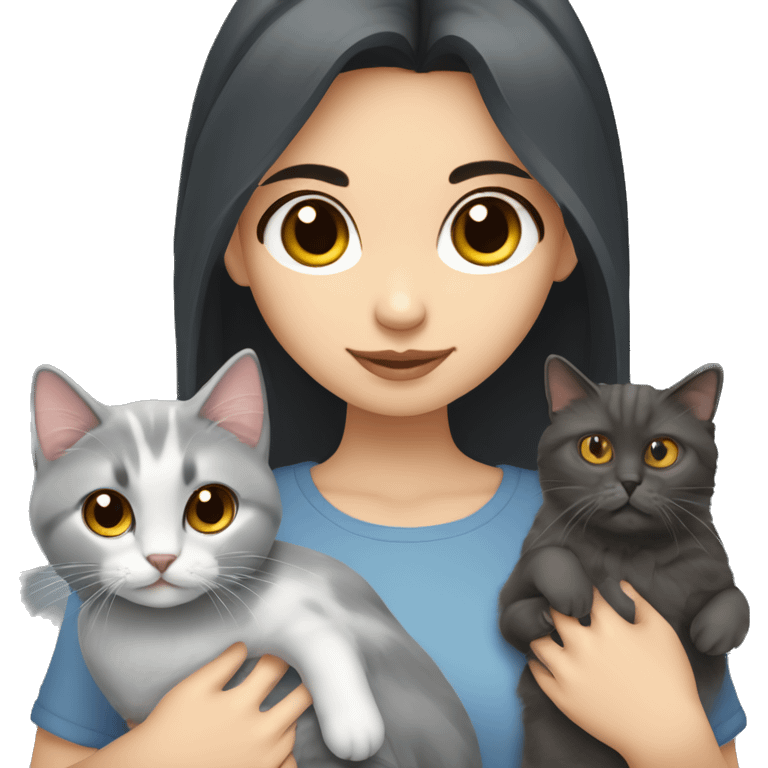 dark hair dark eyes girl with siberian cat and russian blue cat  emoji