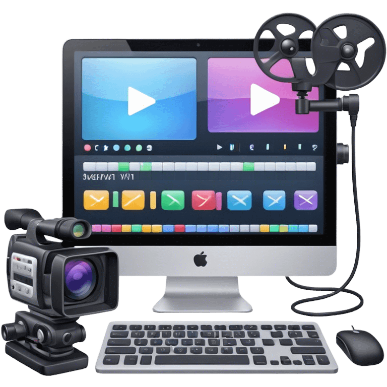 Create an emoji for video editing. Show a computer screen with a video timeline, clips, and editing tools (e.g., scissors). Add a video camera. Use modern, professional colors. Do not include any emojis or smiley faces. Make the background transparent emoji