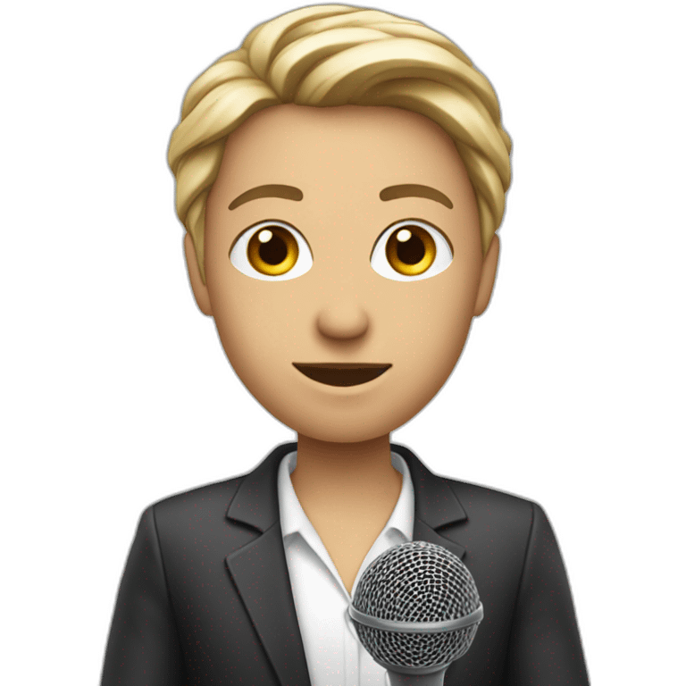 white journalist standing confidently while holding a microphone. The journalist should be in professional attire emoji