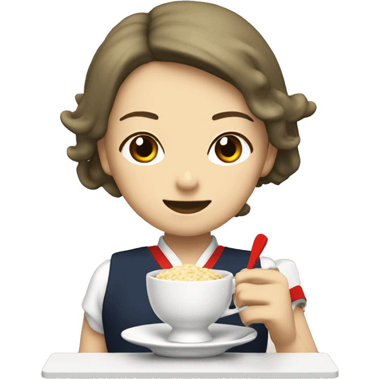 Women eating risotto and drinking tea wearing school uniform with japanese kanji and with red big shoes on his foot emoji