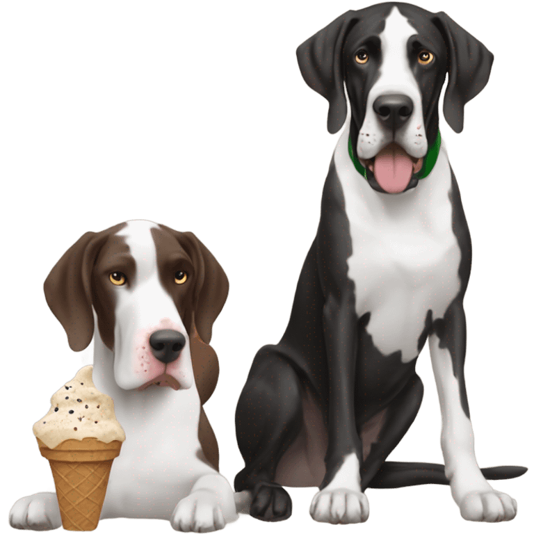 Black and white Great Dane eating an ice cream cone with a brown German short haired pointer emoji