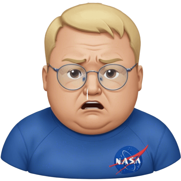 angry fat man, crying like a kid,  blond short and hight receding hairline, wearing a dark blue sweatshirt, nasa logo on the sweatshirt, round glasses without frame, 40 years old emoji