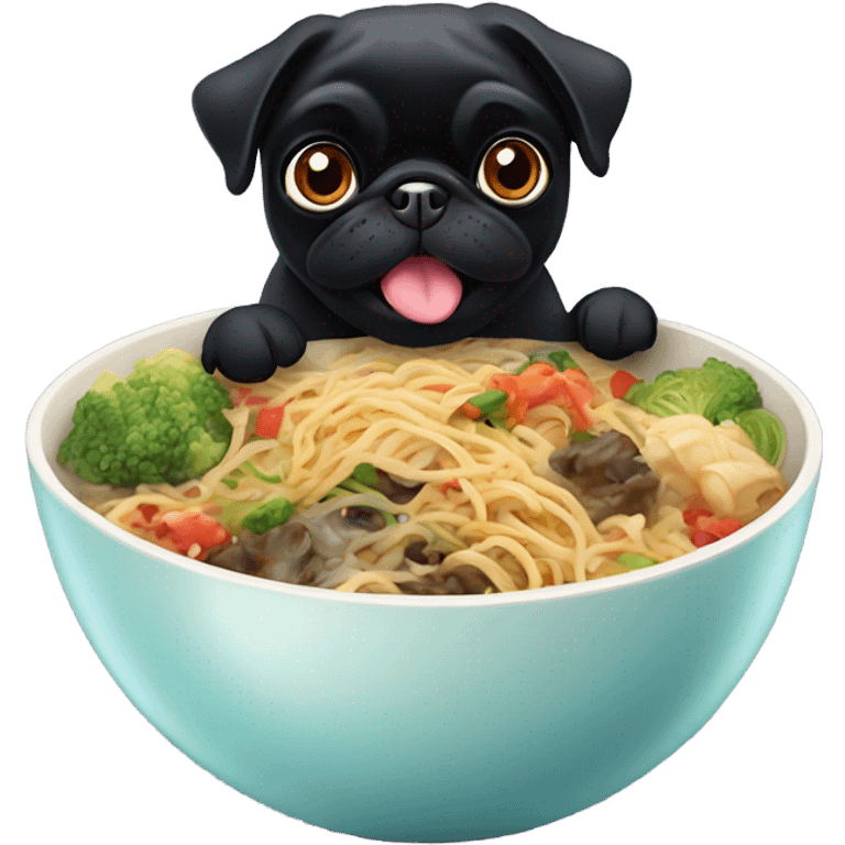 Black pug eating Chinese food emoji