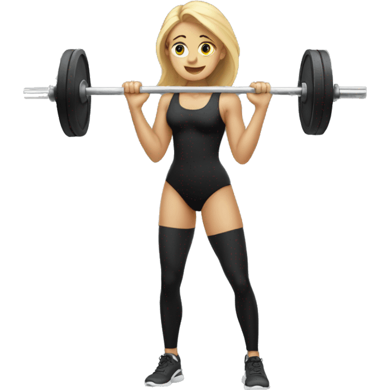 Tall Blond girl in black bodysuit holding a barbell emoji