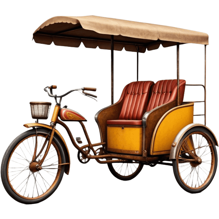 ​Cinematic Realistic Tricycle Rickshaw, depicted as a vintage manually operated vehicle featuring two front wheels and a single rear wheel, rendered with detailed rustic textures, vibrant colors, and dynamic urban lighting that captures its unique design and cultural charm, emoji