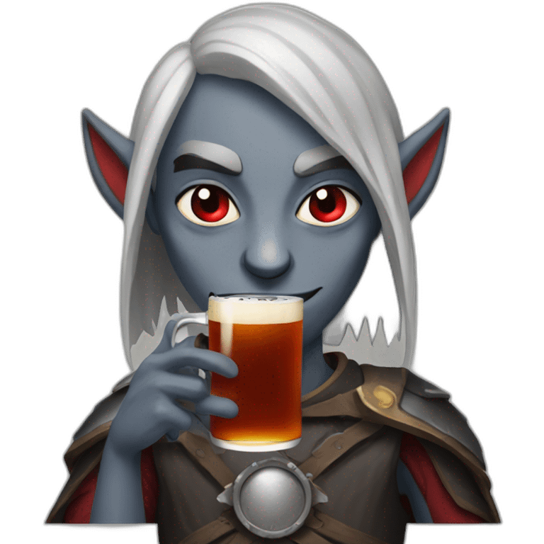 dark elf with gray skin and red eyes drinking beer emoji