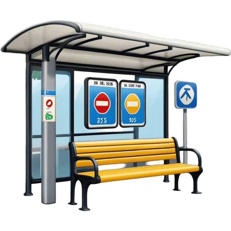 A bus stop with a shelter, a bench, and a signpost displaying the bus route information emoji