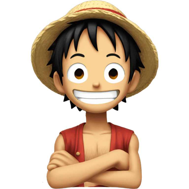 Luffy for one piece, smiling, looking down with his hand up emoji