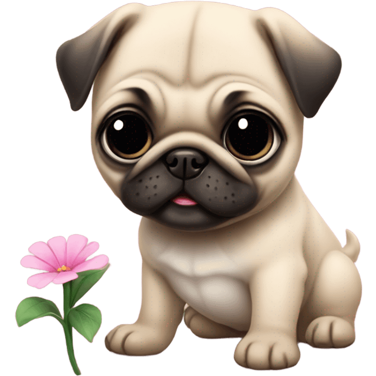 Baby pug playing with a flower pink eyes  emoji