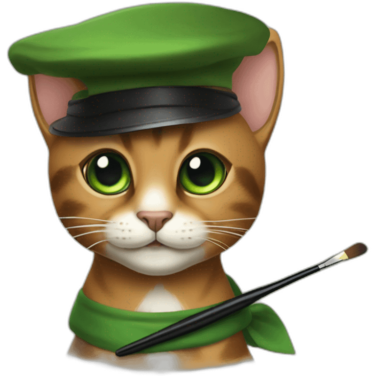 Brown cat with black stripes and white mustache and the contour of the white mouth and green eyes with a brush pencil and a black beret and a painting palette emoji