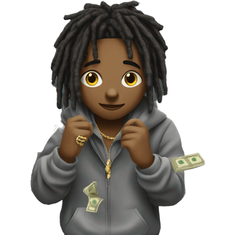 young hustler with dreads holding up  money with both hands wearing a hoodie  with gold jewelry chains on emoji