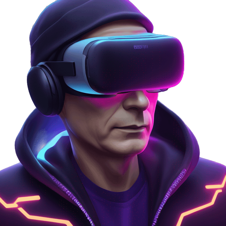 Vladimir Putin wearing a black hoodie with "OMG" letters on it and VR headset oculus quest 2 in a cyberpunk VR environment with violet neon lighting. emoji