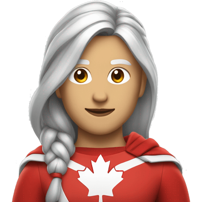 canadian superhero wearing red and white clothes including a mapple leaf width long dark grey hair in a ponytail emoji